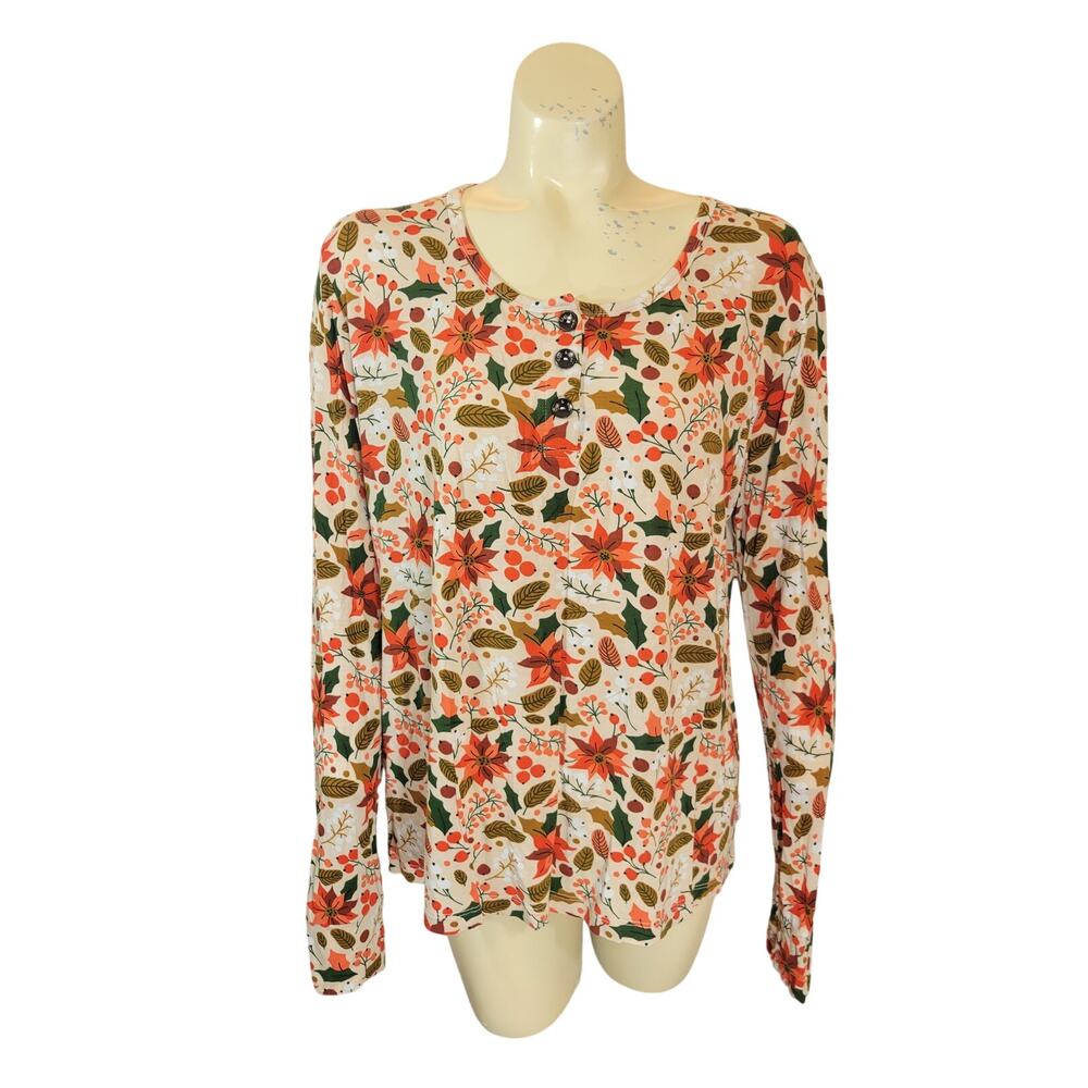 Gigi Max Poinsettia Floral Henley Long‎ Sleeve Soft comfy Top Women's XL